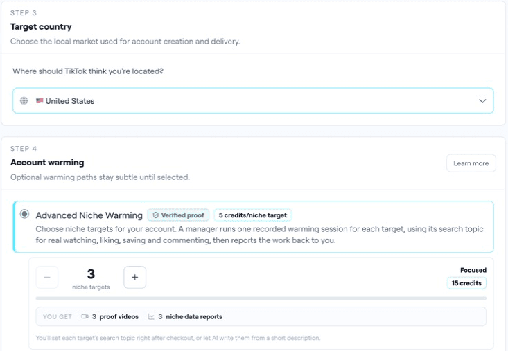 TokPortal account configuration with the United States selected