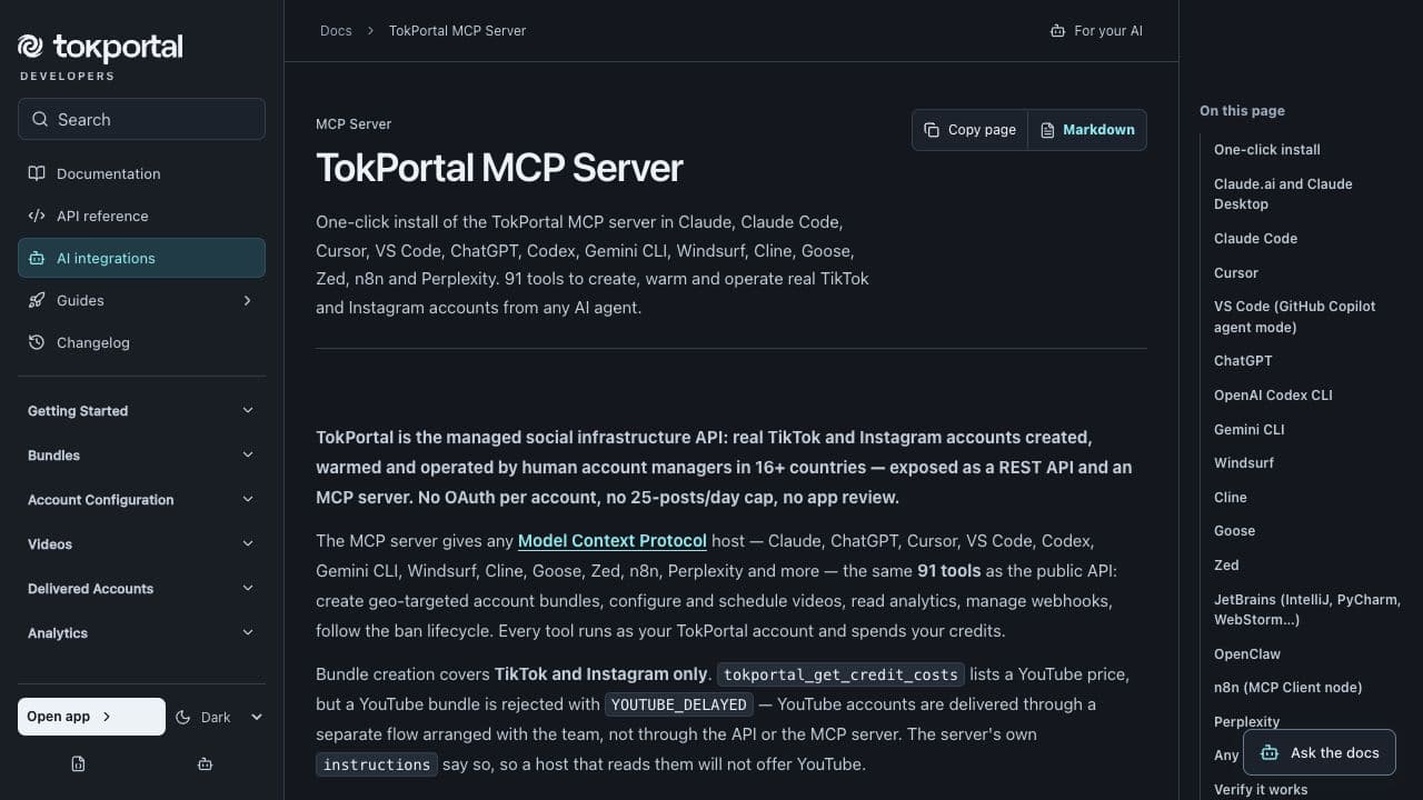 Actual TokPortal developer documentation showing the MCP server and supported clients