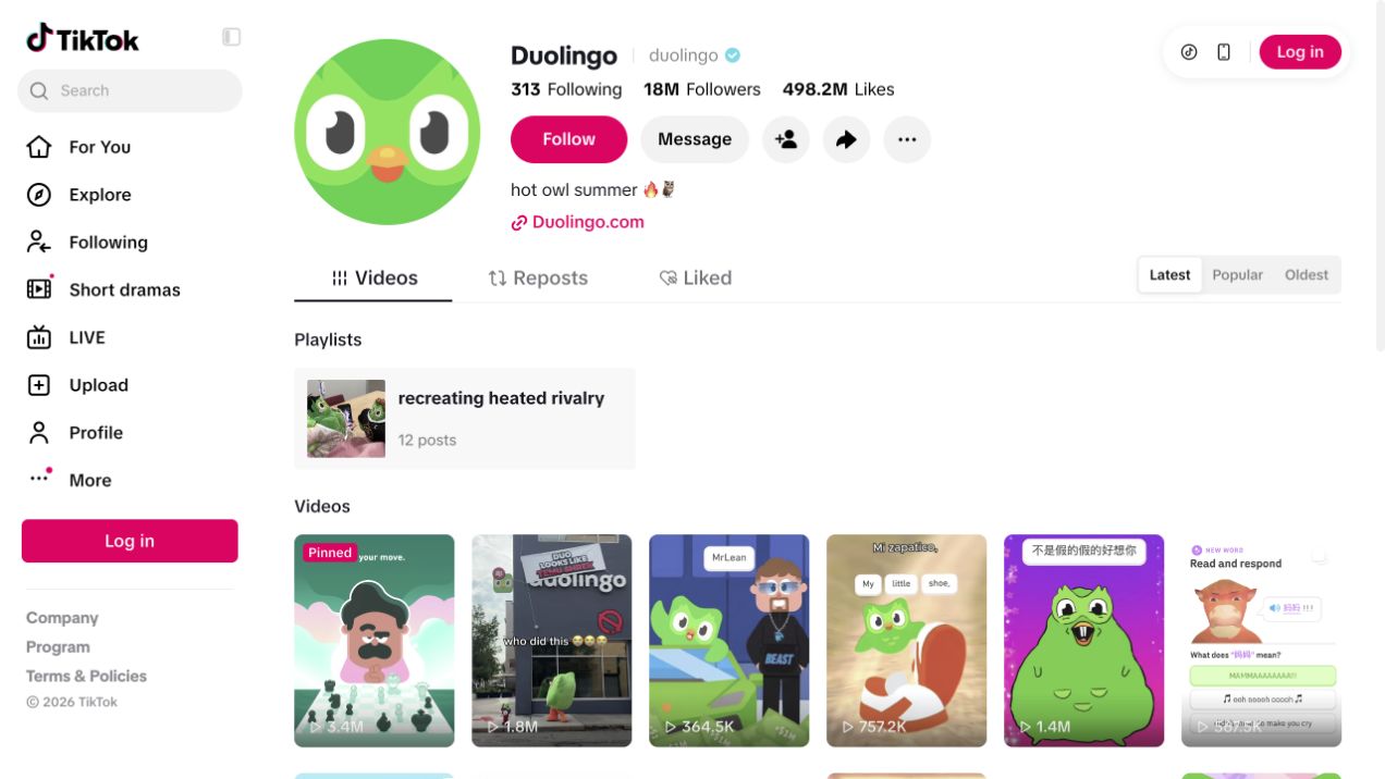 Verified @duolingo profile and visible TikTok feed