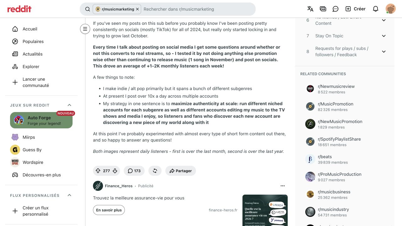 Music marketing discussion describing separate accounts for subgenres and recurring themes