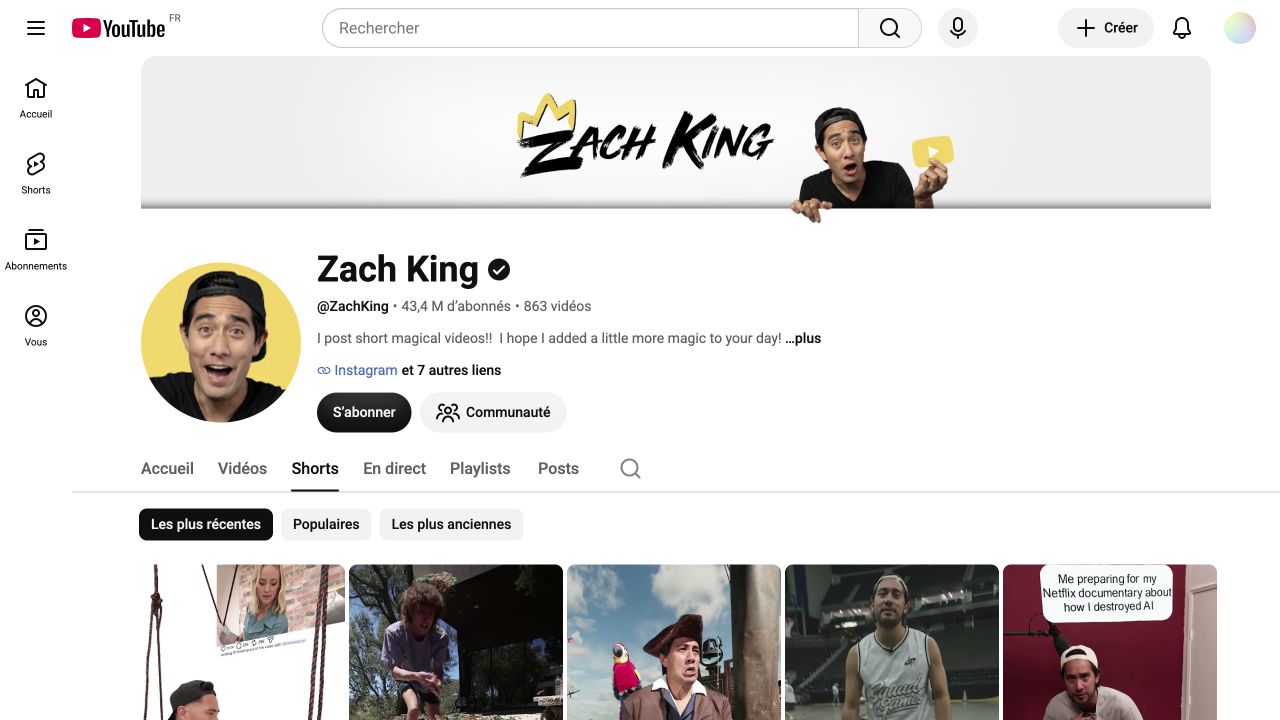 Zach King’s verified YouTube Shorts profile