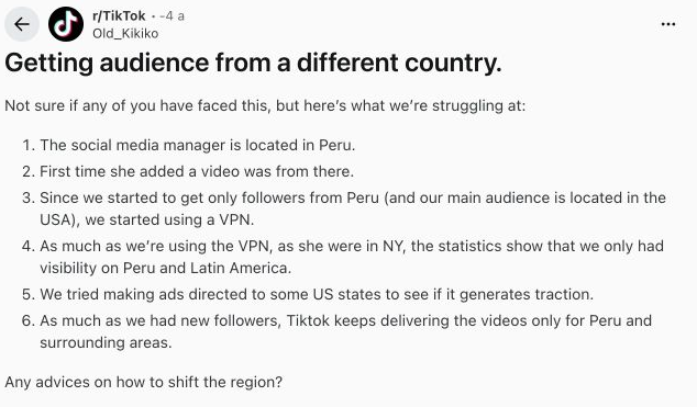 Public Reddit question from a team in Peru trying to reach a US TikTok audience