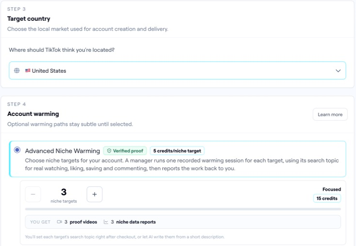 TokPortal account configuration with the United States selected