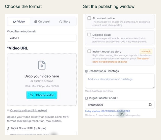 Actual TokPortal interface for configuring video, carousel and story content