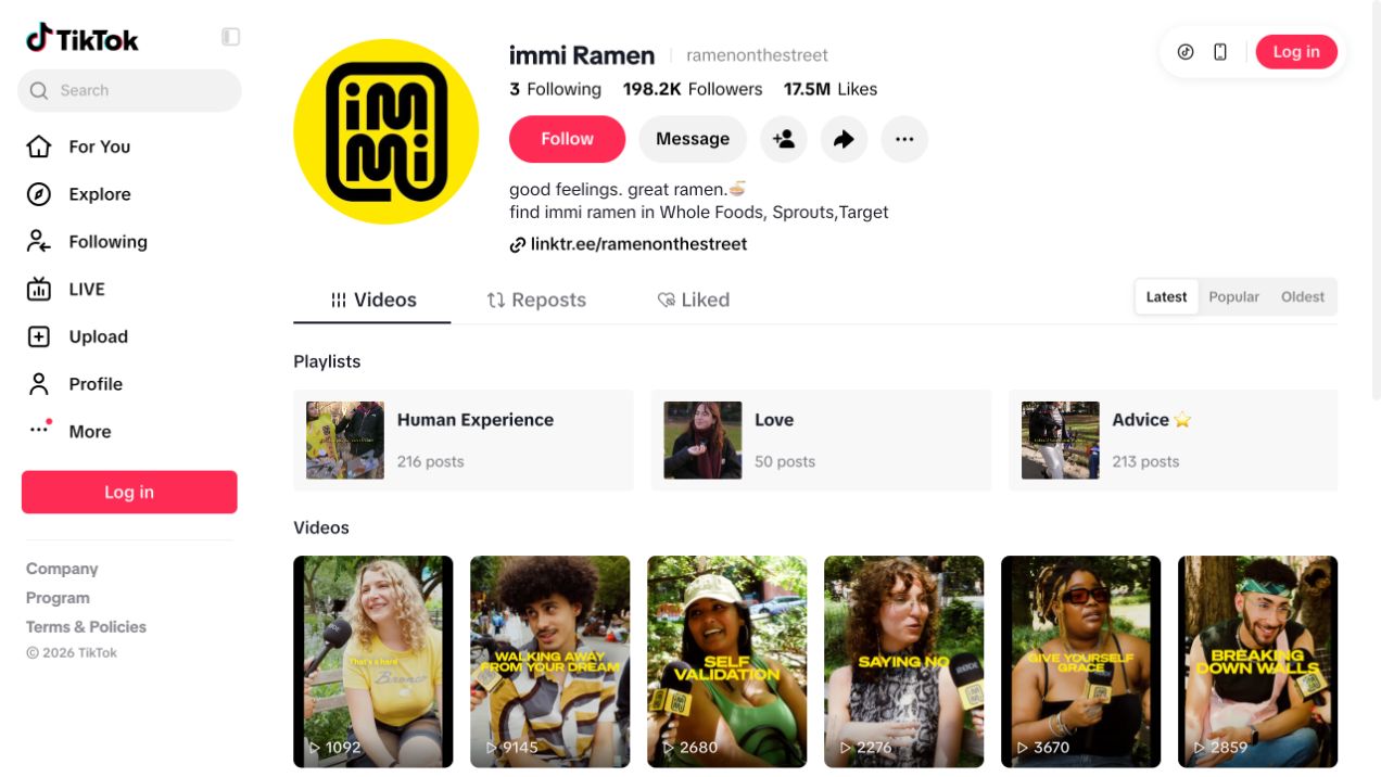 immi Ramen's TikTok profile with Human Experience, Love and Advice playlists and street-interview videos